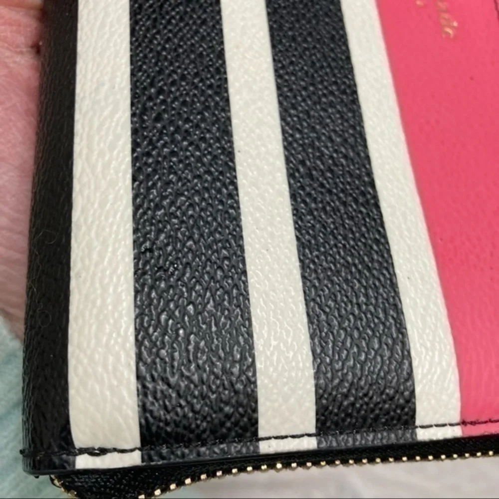 Kate spade black pink white striped zipper clutch wallet